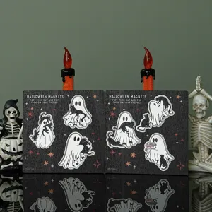 Ξύλινο μαγνητικό αυτοκόλλητο ψυγείου Halloween, σχέδιο φάντασμα και γάτα, διακόσμηση κουζίνας.