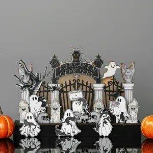 Halloween Ξύλινο Νεκροταφείο Φάντασμα Γάτα Κρανίο Τραπέζι Διακόσμηση Πάρτι Στολίδι Prop