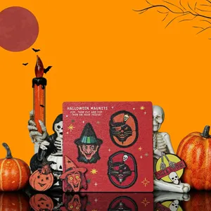 Set ξύλινων μαγνητών ψυγείου Halloween, χαριτωμένη διακόσμηση μάγισσας και γάτας κουζίνας.