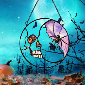 Halloween metal hanging decoration, skull and spider stained glass wall art for spooky home party.