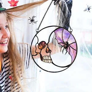 Halloween stained glass skull hanging decoration with spider and chain for spooky home decor