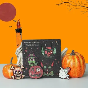 Halloween wooden magnetic fridge stickers set, spooky ghost witch skull kitchen decor.
