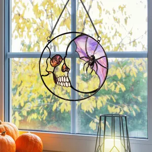 Halloween stained glass skull moon spider hanging window suncatcher decor detail view.