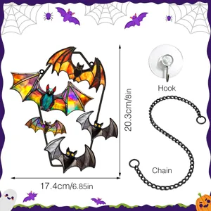 Halloween stained glass bat hanging decoration with chain and hook for home wall decor.