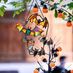 Halloween stained glass bat hanging decoration metal coffin wall art festive decor piece