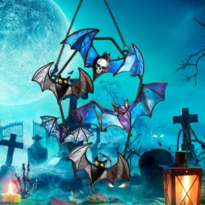 Halloween stained glass bat hanging decor iron art wall ornament for holiday home decoration