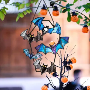 Halloween stained glass bat hanging decor detail, spooky wall ornament for holiday party.