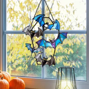 Halloween stained glass bat window hanging ornament, spooky gothic home decor wall art.