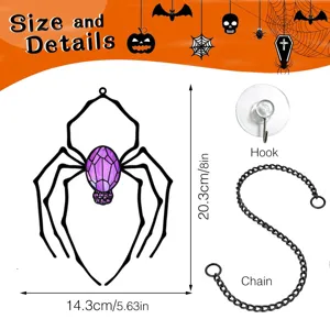 Halloween metal spider hanging pendant detail, 14.3x20.3cm size and accessory chain hook.