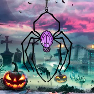 Halloween metal spider hanging pendant with purple crystal body for home wall decor.
