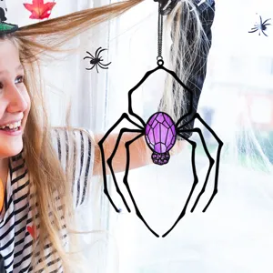 Halloween metal spider hanging ornament with purple gemstone crystal for home window decor.