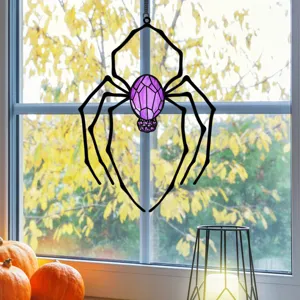 Halloween crystal spider window hanging, gothic metal wall art decor for autumn home.