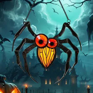 Halloween metal hanging spider decor, spooky stained glass style wall ornament for party.