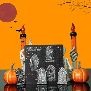Halloween wooden magnetic fridge stickers set, spooky tombstone and skeleton design for kitchen decor.