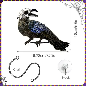 Halloween Stained Glass Raven Skull Wall Hanging Gothic Crow Home Decor with Chain and Hook