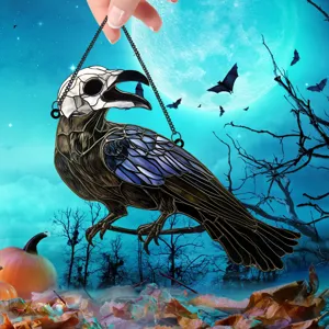Halloween raven skull hanging ornament metal stained glass style spooky home decor prop