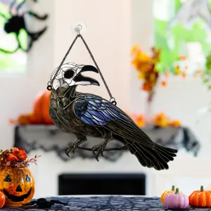Halloween Raven Skeleton Stained Glass Hanging Pendant Wall Decor Fine Detail View