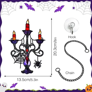 Halloween stained metal candelabra wall hanging detail, featuring spider and chain design.