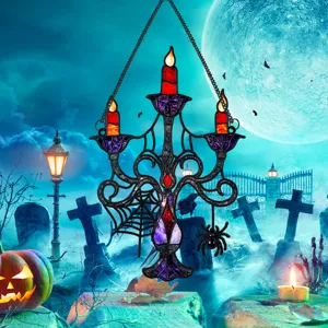 Halloween stained glass style metal hanging candelabra decoration with spider web detail.