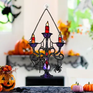 Halloween stained glass hanging candelabra decoration with spider web and pumpkin scene.