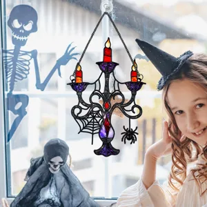 Halloween metal stained glass candle holder hanging pendant detail view for room decor.