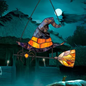 Halloween stained glass hanging ornament witch hat spider broom wall decor holiday party props