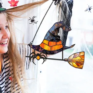 Halloween stained glass witch hat hanging decoration with broom and spider for home decor wall