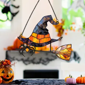 Halloween stained glass witch hat and broom hanging decor for indoor wall and party decoration.