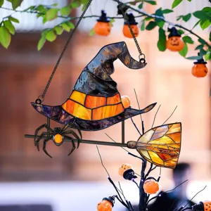 Halloween stained glass metal witch hat spider hanging ornament for home wall decor.