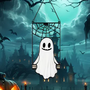 Halloween metal hanging wall decor showcasing a cute ghost on a swing with spider web detail.
