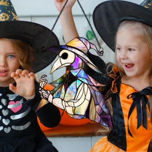 Detailed view of the Halloween stained glass plague doctor hanging decoration in use.