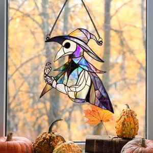 Halloween stained glass plague doctor hanging ornament with chain for window holiday decor.