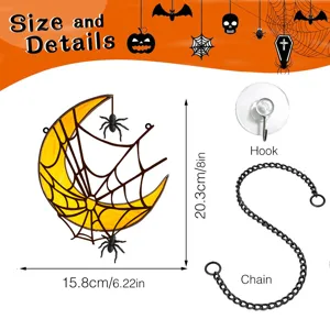 Halloween metal moon spider web wall hanging decoration details and dimensions display.