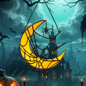 Halloween metal crescent moon spider web hanging wall decor iron craft detail view.