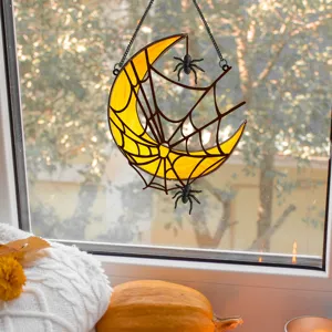 Halloween metal crescent moon spider web hanging decor for window wall home holiday ornament