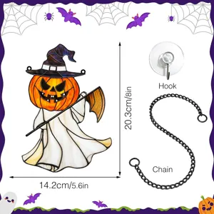Halloween pumpkin reaper stained glass hanging ornament with chain and hook for wall decor.
