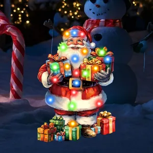 Christmas Santa Claus yard stake with colorful LED lights and gift boxes for outdoor holiday decor.