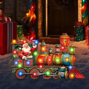 Christmas lighted train garden stake with Santa Claus, glowing LED yard sign for holiday decor.