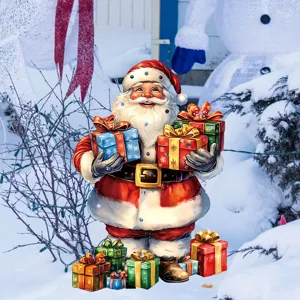 Christmas garden stake detail, lighted yard decoration showing Santa Claus with gifts.