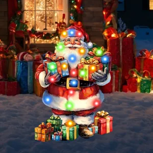 Christmas illuminated yard sign garden stake with Santa Claus and gift box outdoor decor.