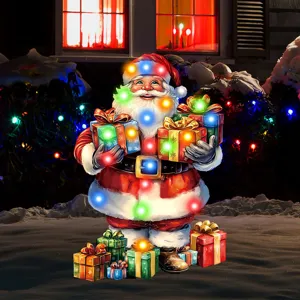 Christmas glowing Santa yard sign decorative plug-in outdoor holiday garden stake lighted gift box