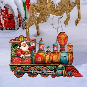 Details of the Christmas train garden stake with Santa Claus, perfect holiday outdoor decor.