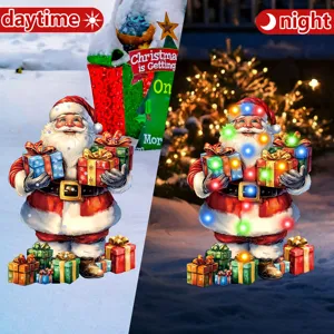 Detailed view of Christmas Santa Claus garden stake with glowing LED lights for holiday decor.