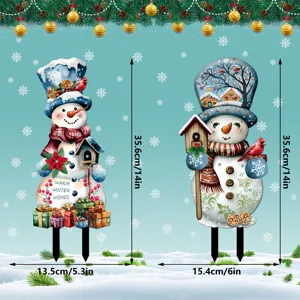 Christmas snowman garden stakes set, decorative yard lawn signs with warm winter wishes text.