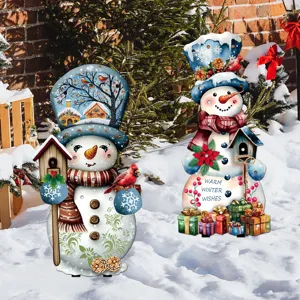 Christmas garden stakes waterproof outdoor lighted snowman yard decor with birds and gifts