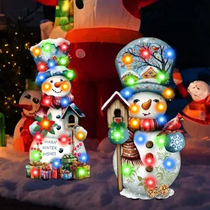 Christmas lighted snowman garden stake yard decoration with colorful LED lights for winter holiday.