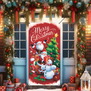 Weihnachtstürbanner Dekoration mit Weihnachtsmann, Schneemann und Rentier für die Feiertage.