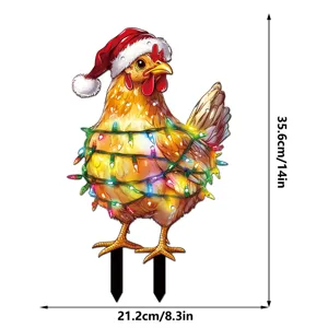 Christmas chicken yard stake with Santa hat and colorful lights, perfect for holiday garden decor.