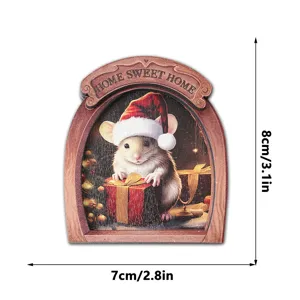 Wooden Christmas Mouse Fridge Magnet Cute Holiday Refrigerator Sticker Home Decor 8x7cm