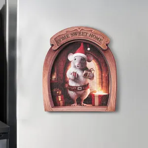 Wooden Christmas mouse hole magnetic fridge sticker 3D fridge magnet home decor for holiday gift.